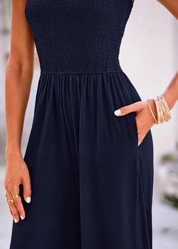 KIRUNDO Jumpsuits for Women Casual Wide Leg Loose One Piece Outfits Sleeveless Adjustable Straps Overalls Summer Romper Airport Outfits (Navy, Small) - Thumbnail 5