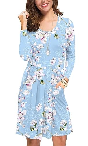 KORSIS Womens Dress Casual Swing T Shift Autumn Long Sleeve Round Neck Tunic Loose Fashion High Waist Dresses with Pockets Flower Light Blue - Image 1