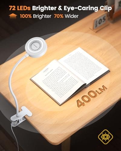Glocusent 72 LED Clip on Lamp with Remote, Reading Light with Amber Ring, 3 Colors & 5 Dimmable Bed Lamp, 30/60-Min Auto Off Timer, Clamp Light for Headboard/Dorm/Bunk (White) - Thumbnail 2