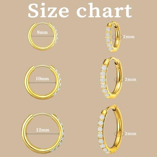 Moissanite Titanium Huggies Hoop Earrings for Women Men, Gold, 3 Pairs - Thumbnail 4
