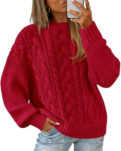 BTFBM Women's Oversized Sweaters 2025 Batwing Long Sleeve Cable Knit Crewneck Pullover Tops Fall Outfits Winter Clothing(Red, Medium) - Image 1