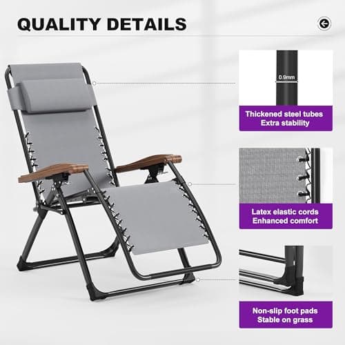 PURPLE LEAF Oversized Outdoor Reclining Chair Patio Zero Gravity Chaise Lounge Folding Chair with Removable Cushion Adjustable Headrest for Lawn Camping Beach Pool Grey - Thumbnail 6