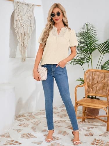 Funlingo Womens Tops Puff Sleeve V Neck Dressy Casual Blouses Summer Flowy Swiss Dot Boho Babydoll Short Sleeve Shirts Trendy Clothes 2026 Beige S - Thumbnail 6
