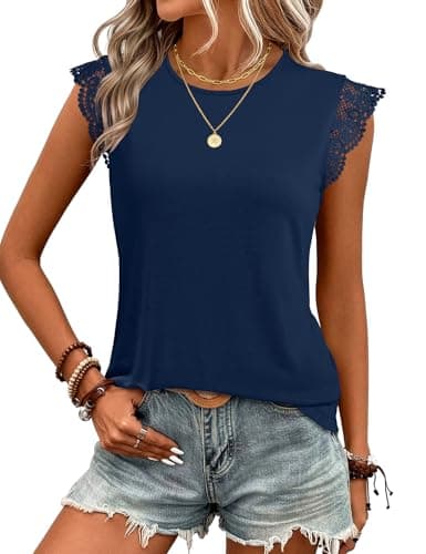 JUSTFASHIONNOW Womens Sleeveless Lace Trim Tops Flutter Ruffle Cap Sleeve Blouses Dressy Summer Casual T-Shirt Navy Blue - Image 1