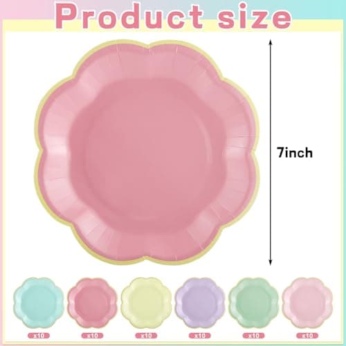 NatNarr 60 Pcs Pastel Paper Plates, 7 Inch Pastel Plates with Gold Edge Scalloped Party Plate Disposable Easter Dessert Plate for Wedding Birthday Baby Shower Bridal Party Supplies - Thumbnail 2