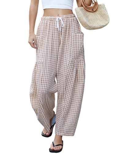 LOMON Women's Linen Pants Casual Loose Palazzo Harem Pants Wide Leg Pants Drawstring Travel Beach Pants(Orange and White Plaid,M) - Image 1