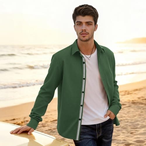 Men’s Casual Untucked Button Down Shirt Long Sleeve Stylish Business Casual Dress Shirts Green - Thumbnail 3