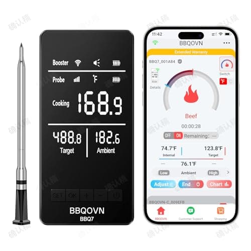 BBQOVN Smart WiFi Wireless Meat Thermometer, Sub-1G Long Range 1000FT, 7 NIST Certified Sensors in 1 Thinner Probe ±0.5℉ Accuracy, Standalone Base with App, IP68 Waterproof for BBQ Grill Smoker Oven