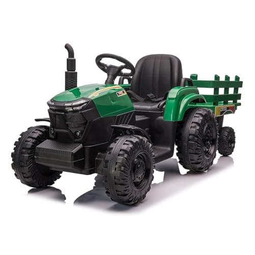 Garvee Kids Ride On Tractor with Trailer, 12V Electric Ride On Car with 35W Dual Motors, 3-Speed Gear Shift, LED Lights, Music & USB, Battery Powered Ride On Toy for Boys & Girls Ages 3+, Dark Green