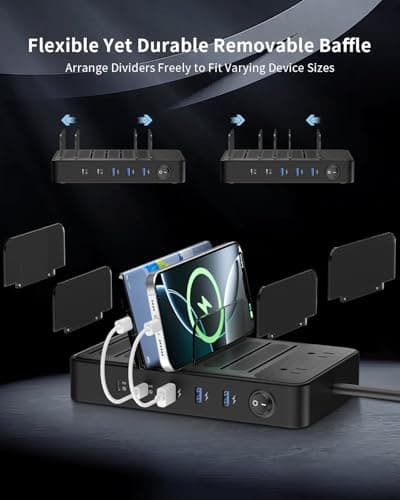 85W Charging Station for Multiple Devices,7 Port USB Charger Stations with 2 AC, 2 USB C, 3 USB A,Family Multi-Device Organizer Charging Dock -Designed for iPhone iPad Android Cell Phone Tablet,Black - Thumbnail 5