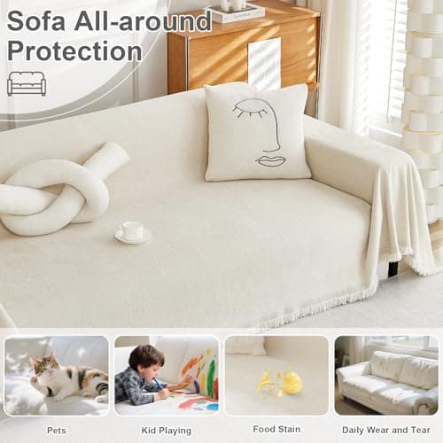OstepDecor Chenille Couch Cover, Beige Sofa Covers Washable, Sectional Couch Covers for Sofa L Shape, Couch Blanket Cover, Non-Slip Sofa Slipcovers for Dogs, Pets, 71" x 102" - Thumbnail 5