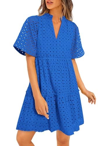 PRETTYGARDEN Eyelet Dresses for Women 2026 Summer Short Sleeve V Neck Hollow Out Ruffle A Line Boho Beach Vacation Mini Dress (Blue,Medium) - Image 1