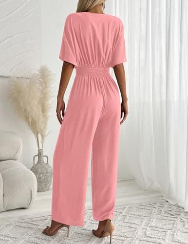 LOOKBOHO Jumpsuits for Women V Neck Elegant Dressy Casual One Piece Romper Batwing Sleeve Wide Leg Jumpsuit Outfits Pink XL - Thumbnail 3