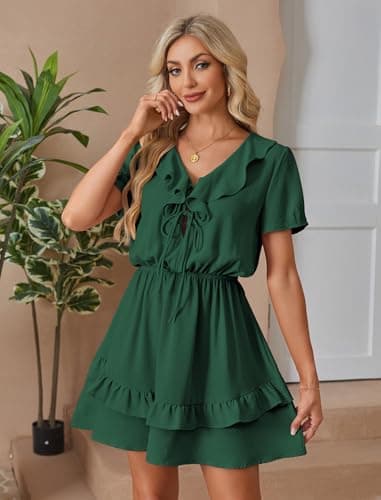 Angashion Womens Tie Front Mini Dress: V Neck Long Sleeve Layer Ruffle Hem Dress with Pockets 2491Dark Dreen X-Large - Thumbnail 5