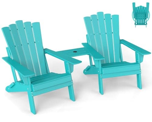 GREENVINES Folding-Adirondack-Chairs-Set-of-2 | HDPE Plastic | Throne Series | Fire Pit Chair | with Connecting Tray | Removable Table | All Weather | for Outdoor Patio Deck Poolside | Aqua