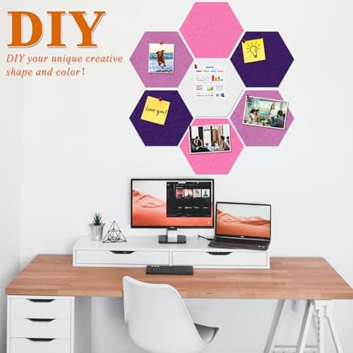 HULAVO Large Hexagon Felt Cork Board Tiles, Self Adhesive DIY Felt Bulletin Board Pin Board with 35 Pushpins for Office School Home Wall Decor(Purple+Light Purple+Pink) - Thumbnail 3