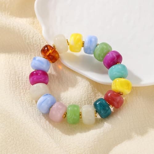 chorfla Colorful Beaded Bracelets for Women, Boho Rainbow Chunky Resin Elastic Stretch Bracelet, Vibrant Summer Beach Jewelry Gift - Thumbnail 5