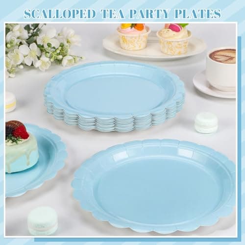 NatNarr 30 Pcs Light Blue Plates, Boy Baby Shower Decorations 9 Inch Scalloped Baby Blue Dessert Party Plate Cute Paper Plate for Easter Party, Birthday, Wedding, Bridal Shower - Thumbnail 6