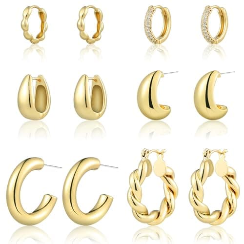 HILXURY 6 Pairs Gold Hoop Earrings for Women, 14K Gold Plated Chunky Huggie Hoop Earrings Set Hypoallergenic, Lightweight Twisted Open Hoops Jewelry for Christmas/Birthday Gifts. (Gold) - Image 1