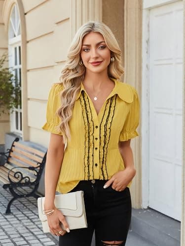 ECOWISH Women's Button Down Shirt - Peter Pan Collar Cotton Blouse Summer Dressy Short Sleeve Loose Fit Work Tops Yellow XL - Thumbnail 3