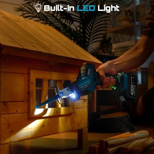 SEESII Reciprocating Saw Cordless, Variable Speed 3500 RPM Brushless Motor with 6 Saw Blades, 2 x 4.0Ah Batteries, LED Light, Tool‑Free Blade Change, Portable for Wood PVC Cutting - Thumbnail 6