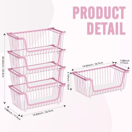 4 Pcs Stackable Wire Baskets for Pantry Organizers and Storage,pink, - Thumbnail 2