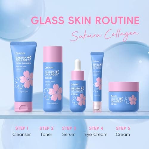 QUIYUM Sakura Collagen Skincare Set - 8-Piece Glass Skin Routine with Cleanser, Toner, Serum, Eye Cream, Moisturizer | Hydration, Firm, Glow for All Skin Types, Skin Care Gift Sets, for Mother's Day - Thumbnail 6