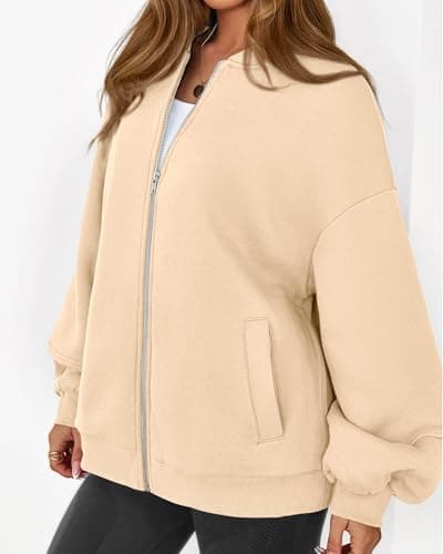 KIRUNDO Oversized Sweatshirt for Women Zip Up Bomber Jacket 2026 Fall Fashion Casual Long Sleeve Outerwear Winter Outfits(Beige, Large) - Thumbnail 3