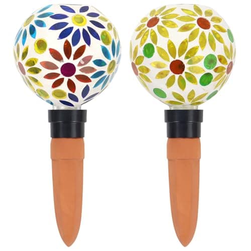 2 PCS Mosaic Plant Watering Globes with Terracotta Watering Spikes, 17oz Glass Self Watering Globes for Indoor & Outdoor Potted Plants, Decorative Water Drippers, Hand Blown Art Glass
