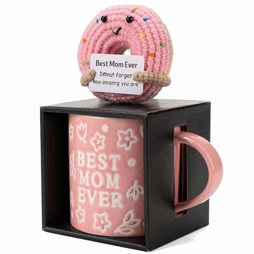 KyreDino Mothers Day Gifts, Best Mom Ever Gifts for Mom from Daughter, Pink Floral Embossed Pattern Mother's Day Mug and Handmade Donut Crochet Gifts Set - Image 1