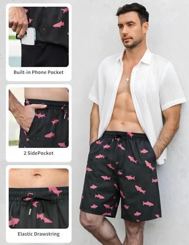 Aprolive Men's Swimsuits Elastic Waist Swimsuit Breathable Running Shorts Funny Beach Swimming Surf(Pink Shark,Large) - Thumbnail 6