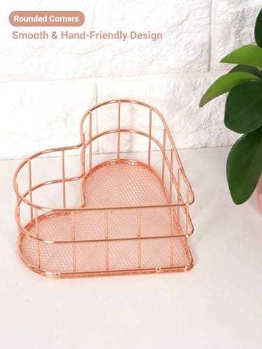 Rose Gold Wire Storage Basket, Metal Mesh Organizer for Desk/Cosmetic/Bathroom/Laundry Room, Decorative Bin with Heart Pattern, Sturdy & Multi-Purpose for Home Organization - Thumbnail 4