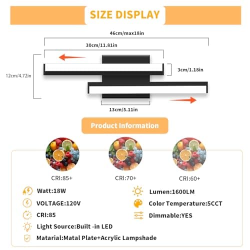 NOVELUX Bathroom Vanity Light 18 inch-Bathroom Light Fixtures,2700K/3000K/3500K/4000K/5000K/5cct Optional Vanity Lights for Bathroom,18W/ETL Certificated/2 Pack - Thumbnail 2