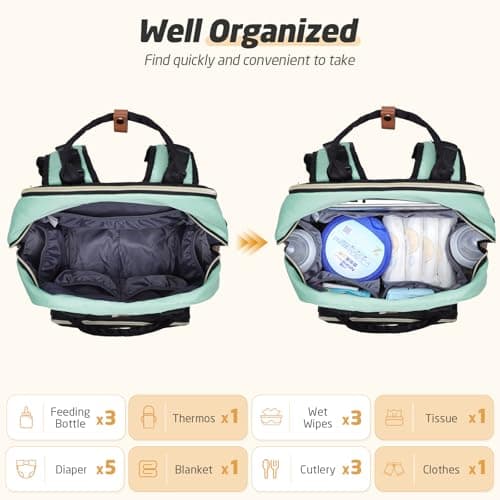 Tonyeee Diaper Bag Backpack - Extra Large Diaper Bag for 2 Kids Twin, Travel Baby Bags for Mom Dad 25-37L Expandable with Changing Pad Earphone Hole, Green Black - Thumbnail 4