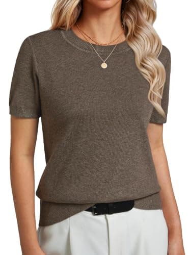 GKBK Women's Short Sleeve Sweaters Lightweight Wool Blend Knit Pullover Summer Tops Soft Basic Tee Shirts Business Casual Outfits for Women 2026 Fashion Trendy Brown XXL - Image 1