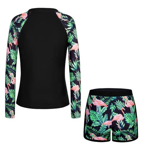Dolxico Girls Rash Guard Swimsuits 2 Piece Long Sleeve Bathing Suits UPF 50+ Half Zip Printed Boyshorts for Tweens Girls' Summer Swimwear Size 9-10 Years(Flamingo) - Thumbnail 6