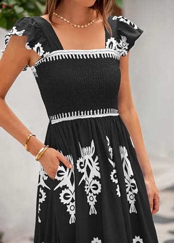 BTFBM Summer Dresses for Women 2026 Casual Floral Boho Sleeveless Square Neck A Line Flowy Beach Maxi Sundress Pockets(Black White Flower, Medium) - Thumbnail 4