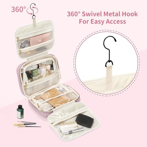 MDODO Travel Toiletry Bag for Women Hanging Cosmetic Organizer with Brush Compartment Makeup Bag for Full Sized Travel Essentials, Pinkish Purple - Thumbnail 4