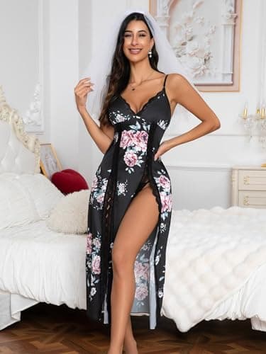 CRIPOM Silky Nightgowns for Women Black Lace Lingerie Silk Pajamas Womens Nightgowns Sexy Night Gowns for Woman Classy Lingerie for Women Black Floral S - Thumbnail 4