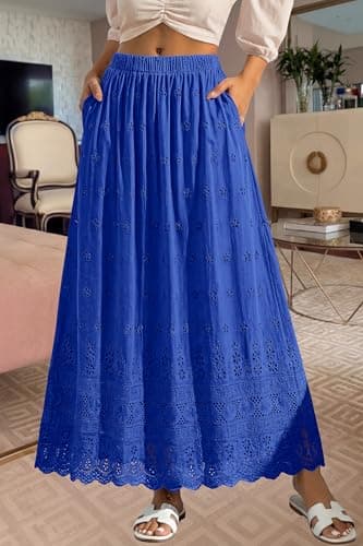 dowerme Women Summer Maxi Skirt Cute Elastic High Waist Boho Eyelet A-Line Cotton Flwoy Long Skirts Spring Clothes 2026(Blue,X-Large) - Thumbnail 5