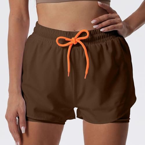 YOAKUKA Women's 2 in 1 Workout Shorts Gym Workout Yoga Running Biker Tennis Skirts Clothes Summer Dark Coffee - Thumbnail 2