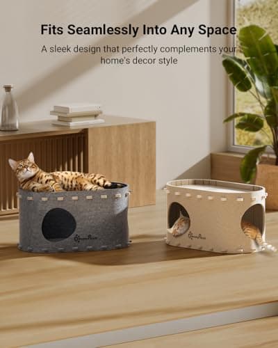 DownyPaws Cat House for Indoor Cats, Cat Bed Cave for Multiple & Large Cats Up to 22 Lbs, Scratch Resistant, Foldable Peekaboo Kitten Caves Tunnel Enclosed Bed, PeekaPurr, Cream - Thumbnail 6
