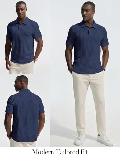 Mens Textured Polo Shirts Short Sleeve Classic Casual Collared Knit Polo Summer Golf Polo Shirts Navy Blue - Thumbnail 5