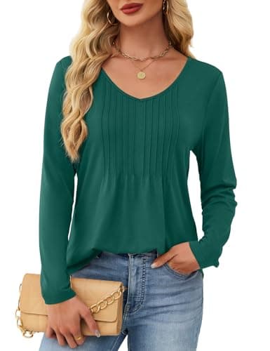 JUSTFASHIONNOW Shirts for Women Trendy Long Sleeve Tops V Neck Dressy Blouses Pleated Maternity Shirt Tunics Early Fall Fashion Christmas (Dark Green, Large) - Thumbnail 5
