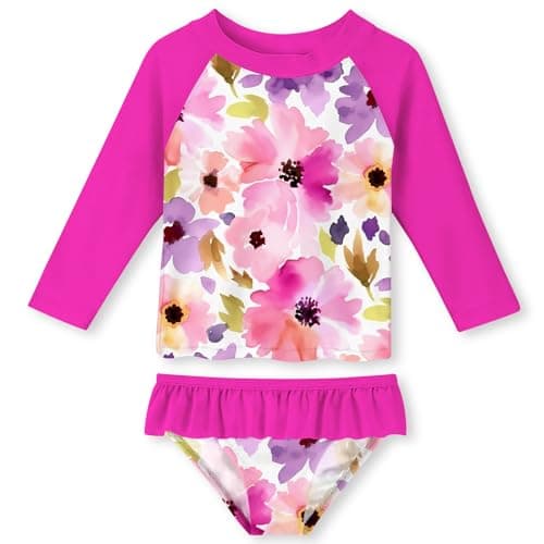 Funnycokid Girls Rash Guard Swimsuit Flower Floral Size 6 Long Sleeve Pink Bathing Suits 2-Piece Swimwear Rashguard Kids Swim 5-6 Years - Image 1