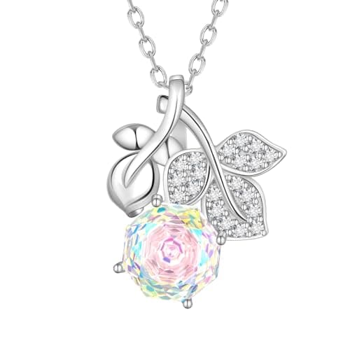 Aurora Tears Birthstone Rose Pendant Necklace - 925 Sterling Silver Rose Cut April Diamond Cubic Zirconia Flower Leaf Necklace Anniversary Birthday Jewelry Gift for Women Wife Mom Daughter DP0389W - Image 1