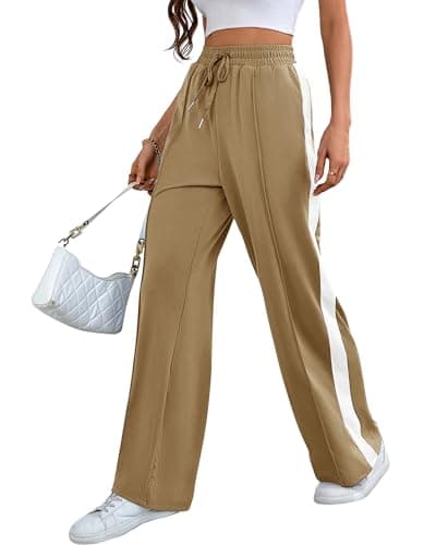 Bellcoco Baggy Wide Leg Sweatpants for Women High Waisted Lounge Pants Striped Track Pants Seams Drawstring with Pockets Khaki L - Image 1