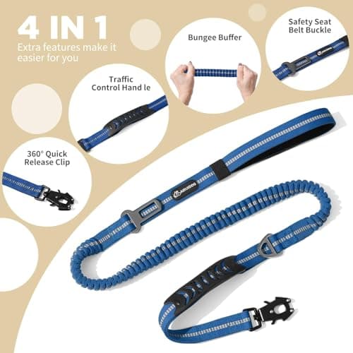 Heavy Duty Tactical Bungee Dog Leash, 4-6FT Shock Absorbing Tactical Dog Leash with 2 Padded Handles, Metal Carabiner Clip,Car Seatbelt, Reflective Dog Leashs for Medium Large Dogs (Blue) - Thumbnail 3
