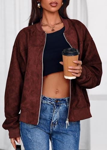 Lazysmile Women's Faux Suede Bomber Jackets Fall Fashion Outfits Winter Clothes Stand Collar Zip Up Coats Outwear with Pockets - Thumbnail 3