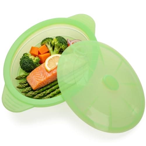 Microwave Steamer Cooker Collapsible Bowl-Silicone Steamer Cookware with Handle Lid for Vegetables Fish Prep Meal Food with Removable Rack BPA Free, Easy to Store, Freezer & Dishwasher Safe, Large - Image 1
